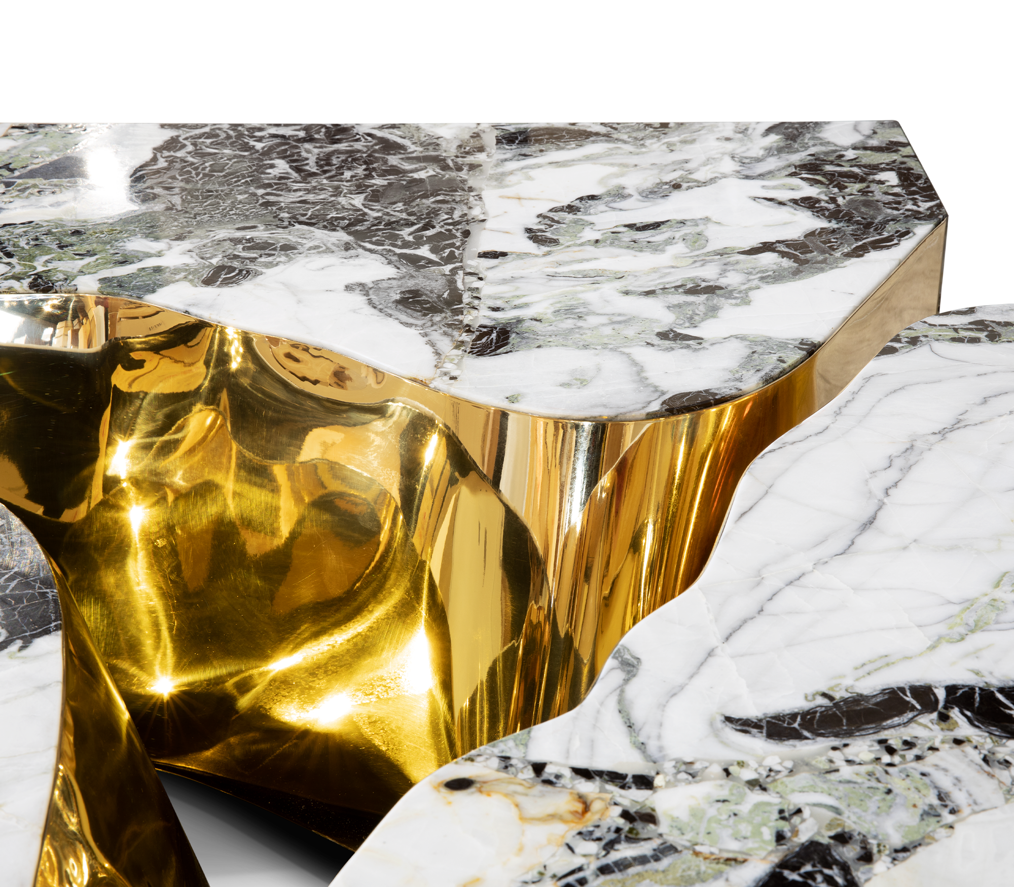 Luxury Coffee Table with Cracked Brass Sculptural Base & Smoked Glass Top