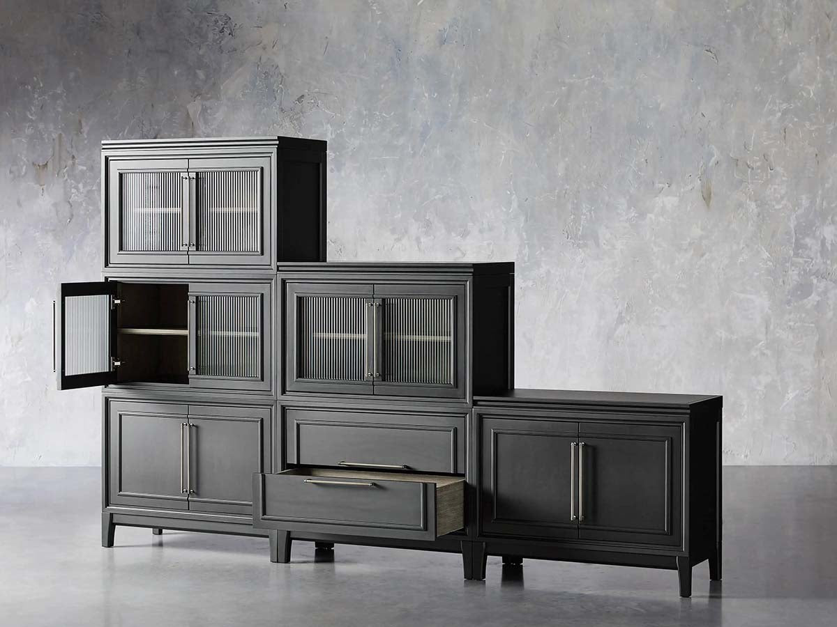 Rowan Modular Wall Unit Storage System Wood Tall Display Cabinet with Reeded Glass Doors