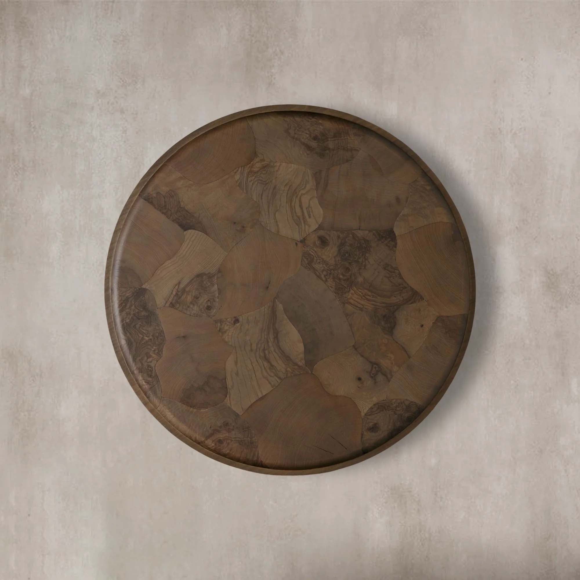 Pola Wood Round Plinth Coffee Table with Bare Steel Panels Base Wabi-Sabi Sytle Living Room Center Ash Tea Table