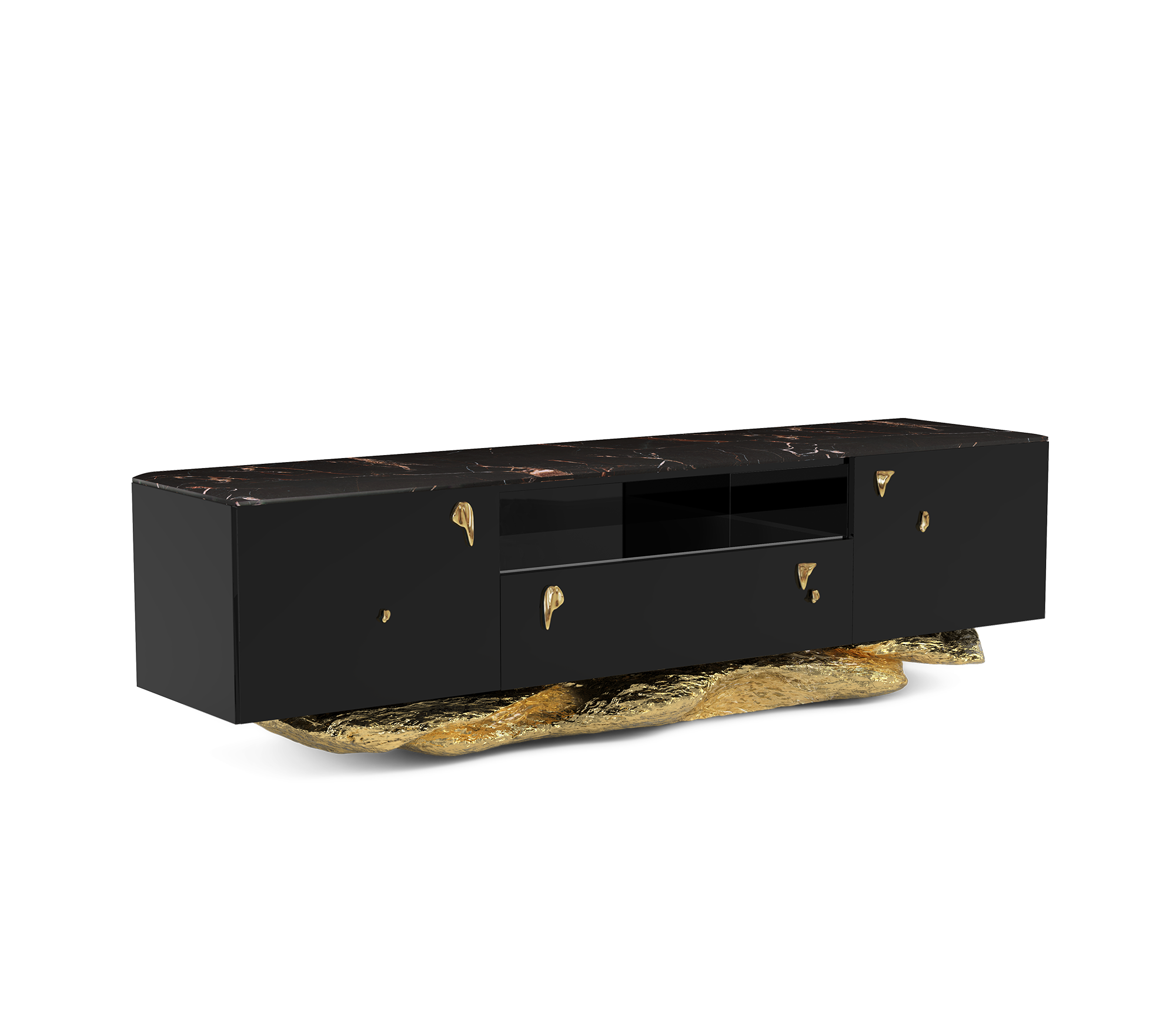 Luxury Black Gold Media Console with Marble Top & Hidden Storage