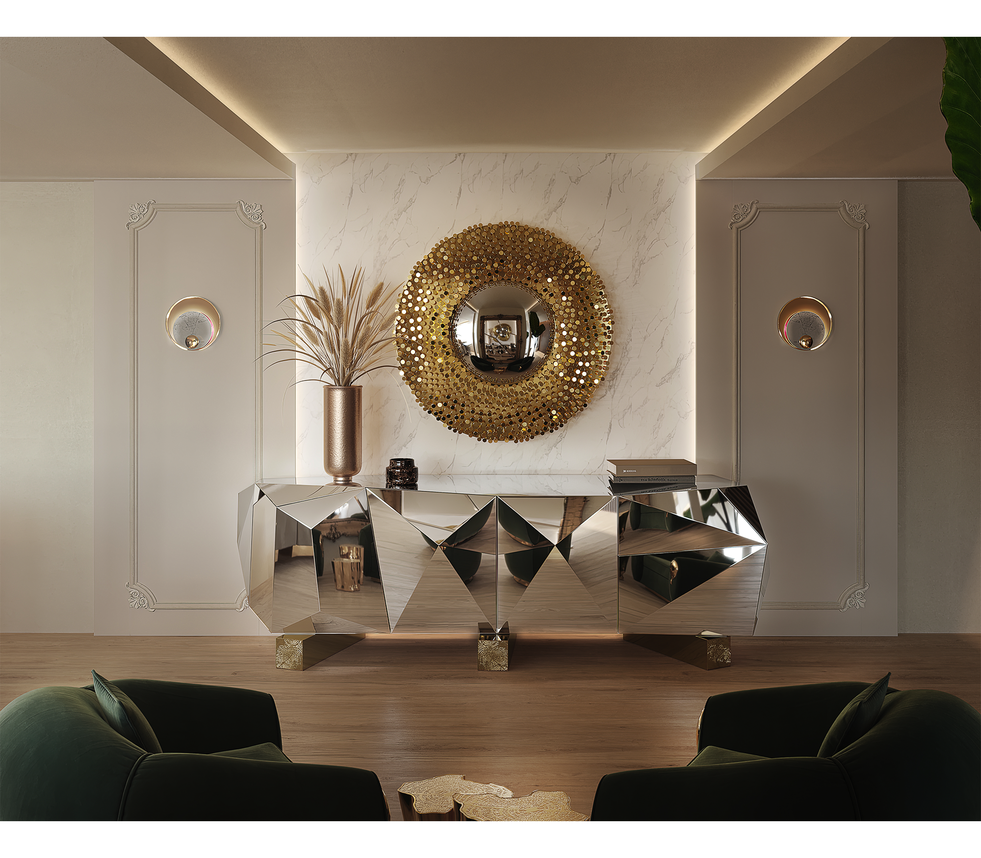 Luxury Diamond Sideboard Cabinet with Faceted Design & Hidden Storage