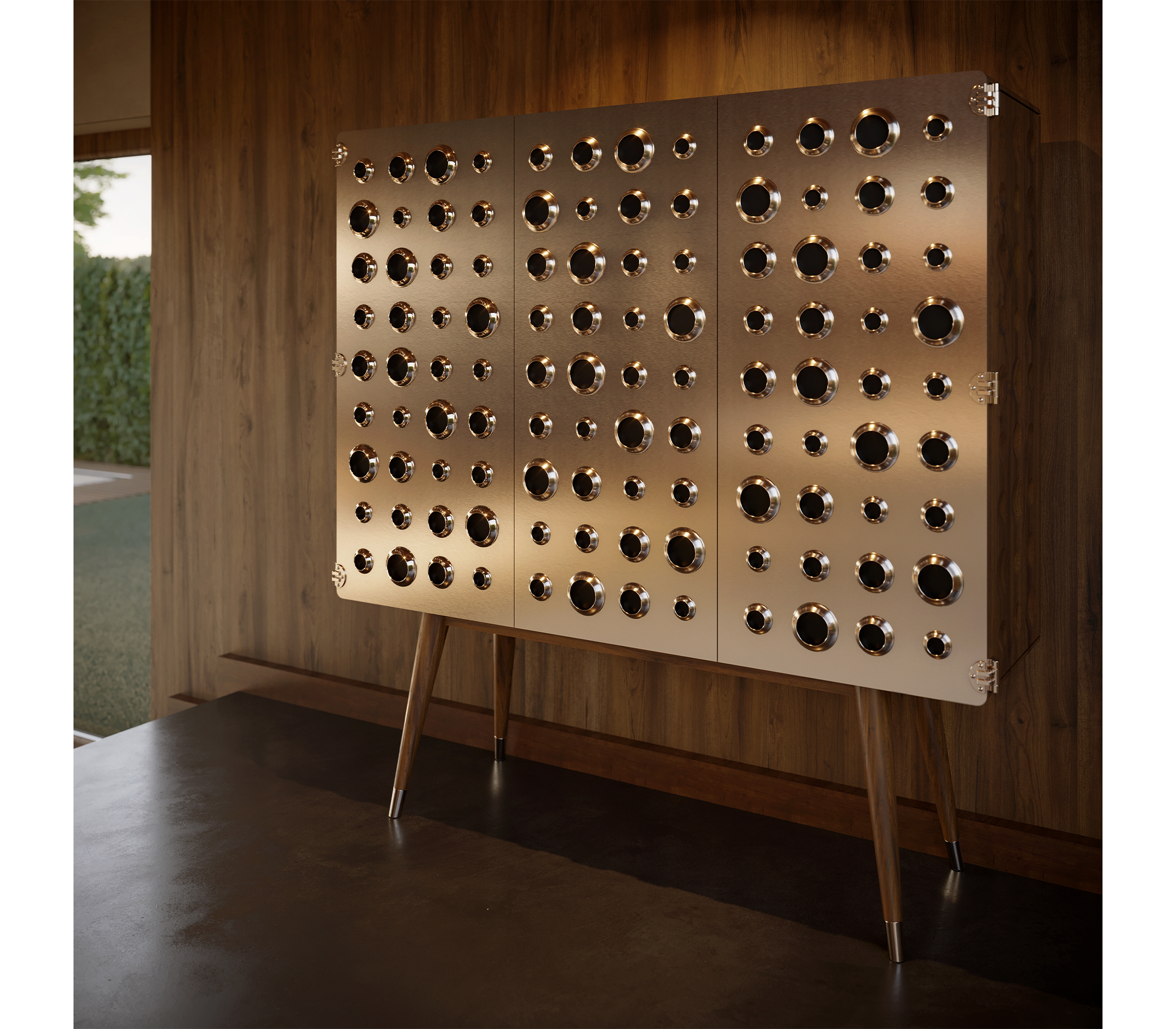 Luxury Walnut Bar Cabinet with Brass Accents & Hidden Storage