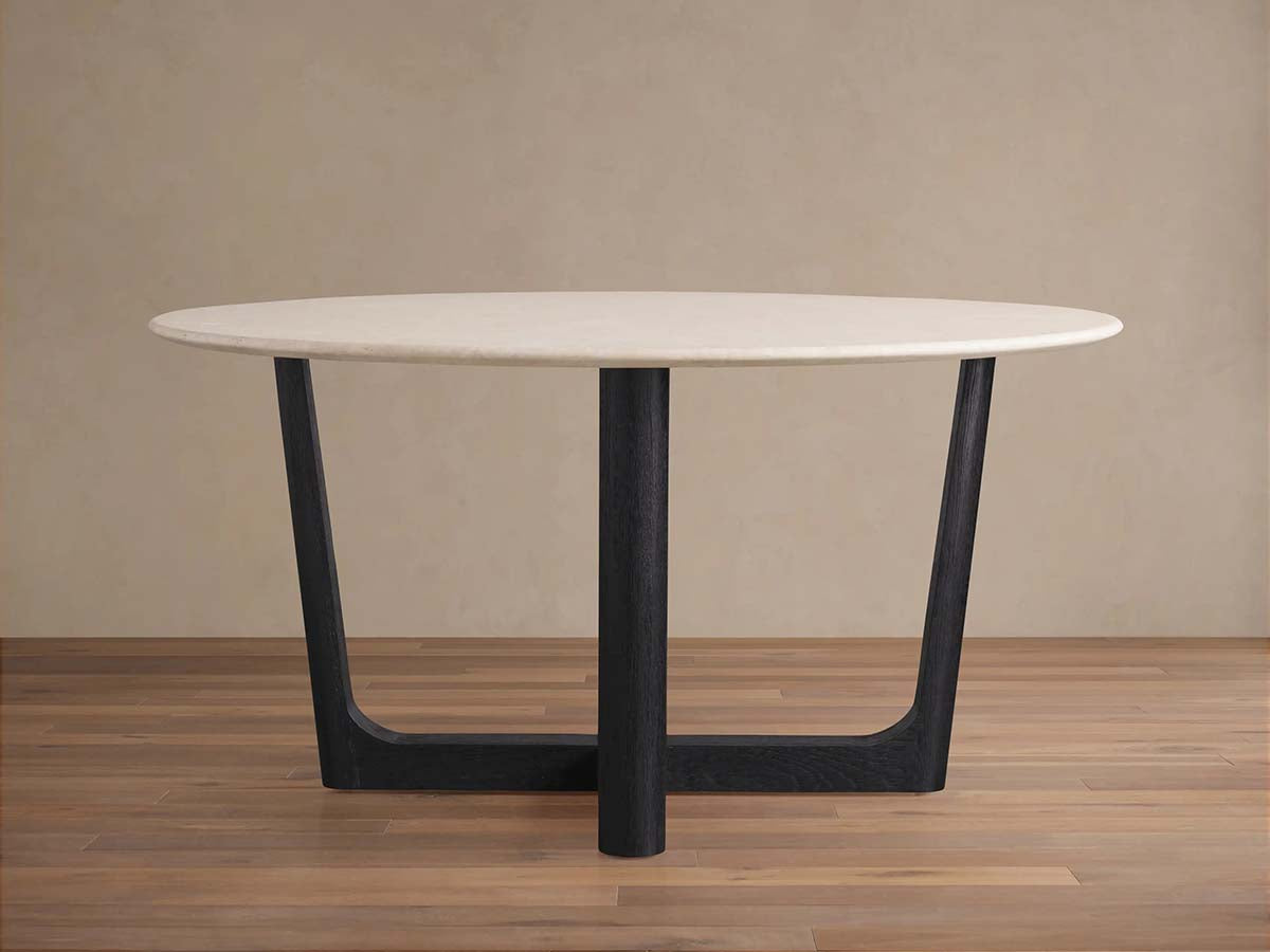 Saint Germain Round Stone Dining Table with Carrara Marble Top Wood Rennes Base
