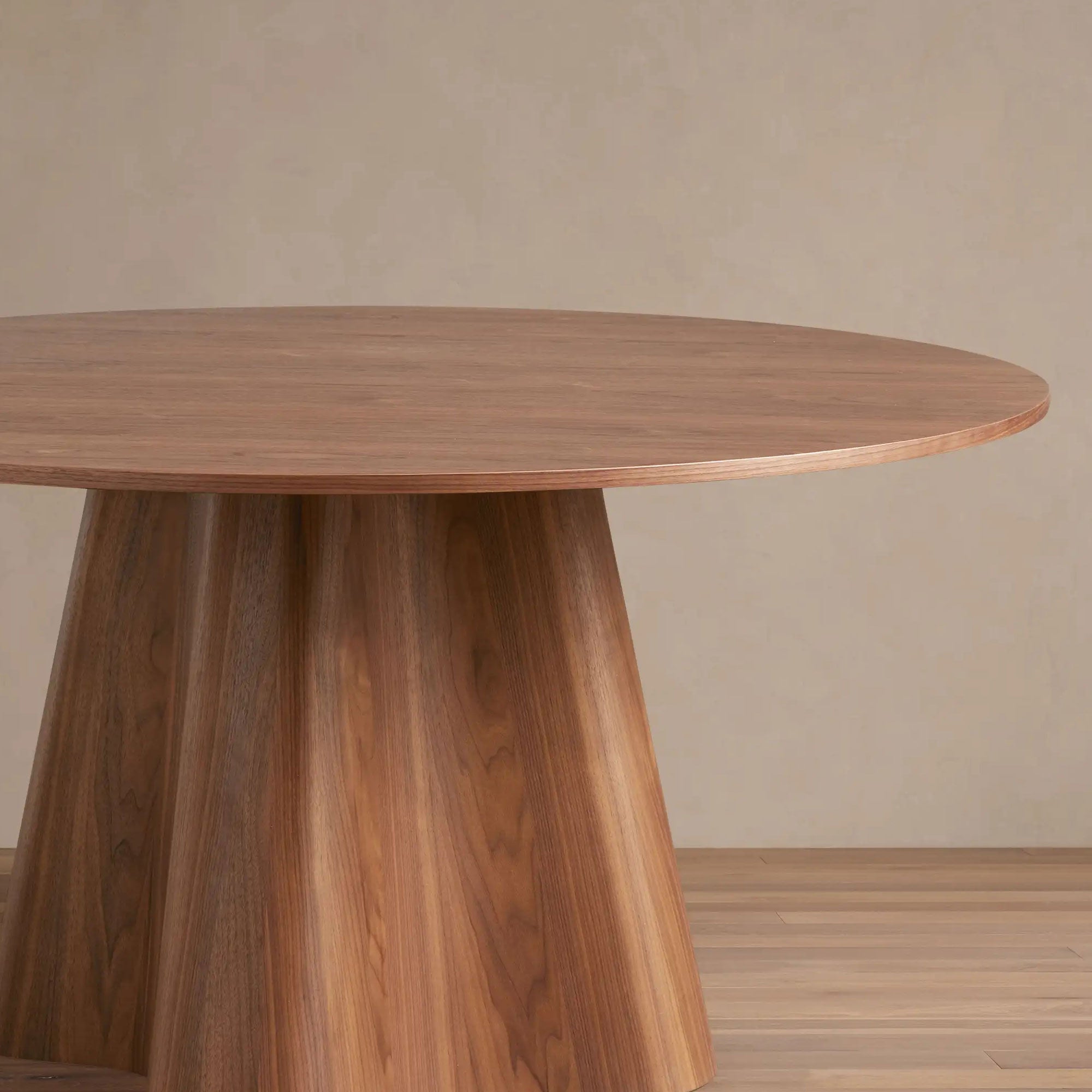 Cortina Wood Round Dining Table Sculptural Wave Base in American Walnut with Romania Style