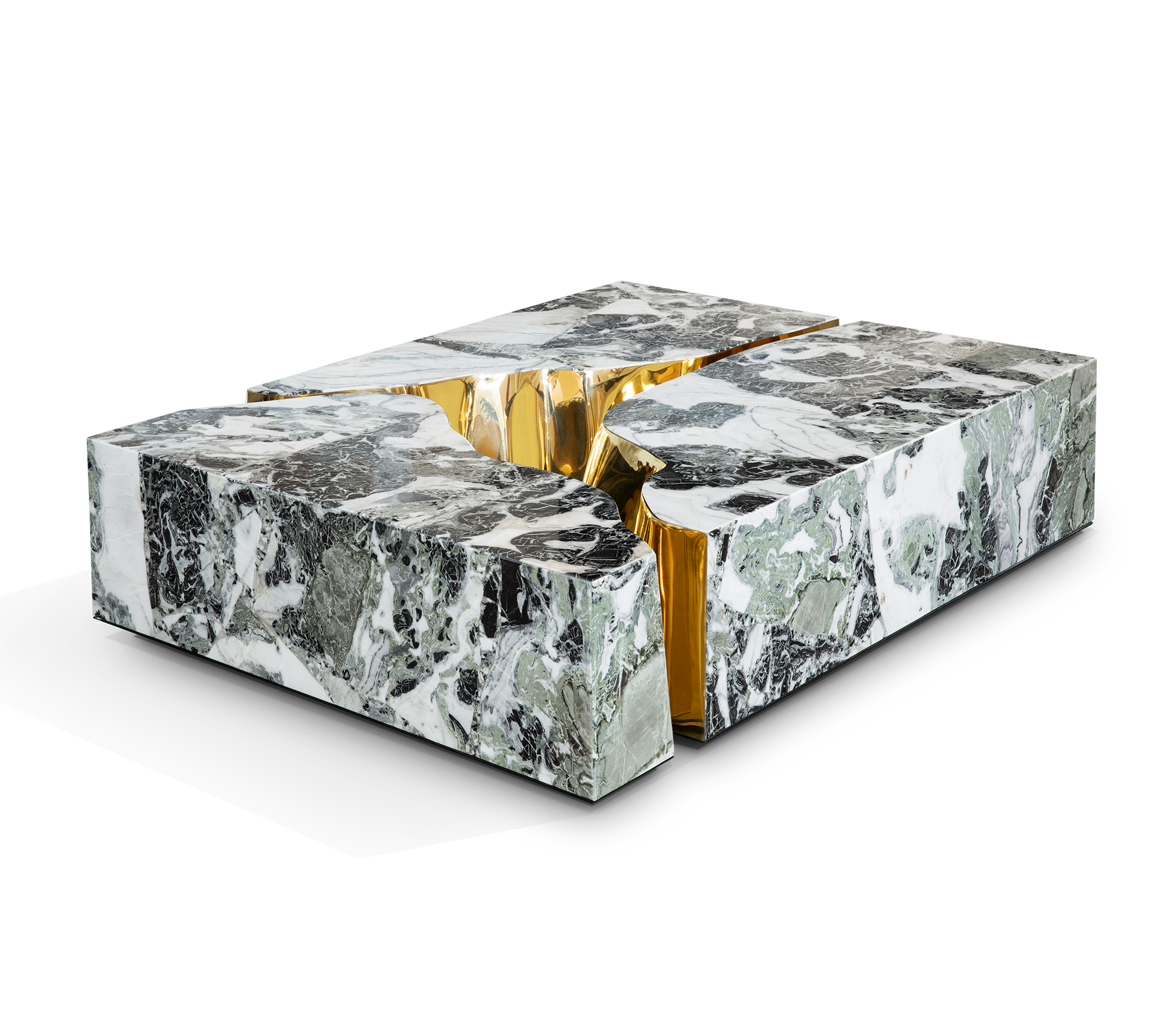 Luxury Coffee Table with Cracked Brass Sculptural Base & Smoked Glass Top