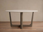 Saint Germain Round Stone Dining Table with Carrara Marble Top Wood Rennes Base