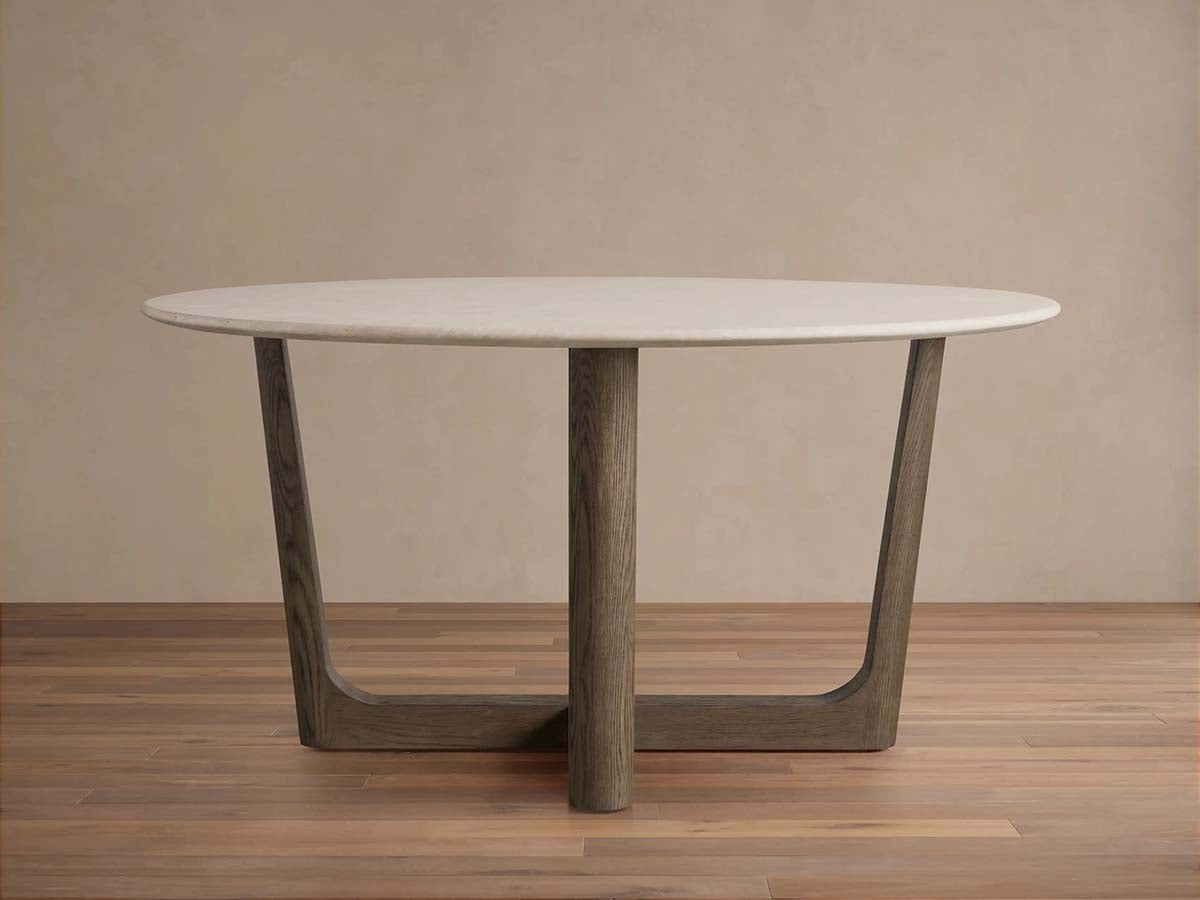 Saint Germain Round Stone Dining Table with Carrara Marble Top Wood Rennes Base