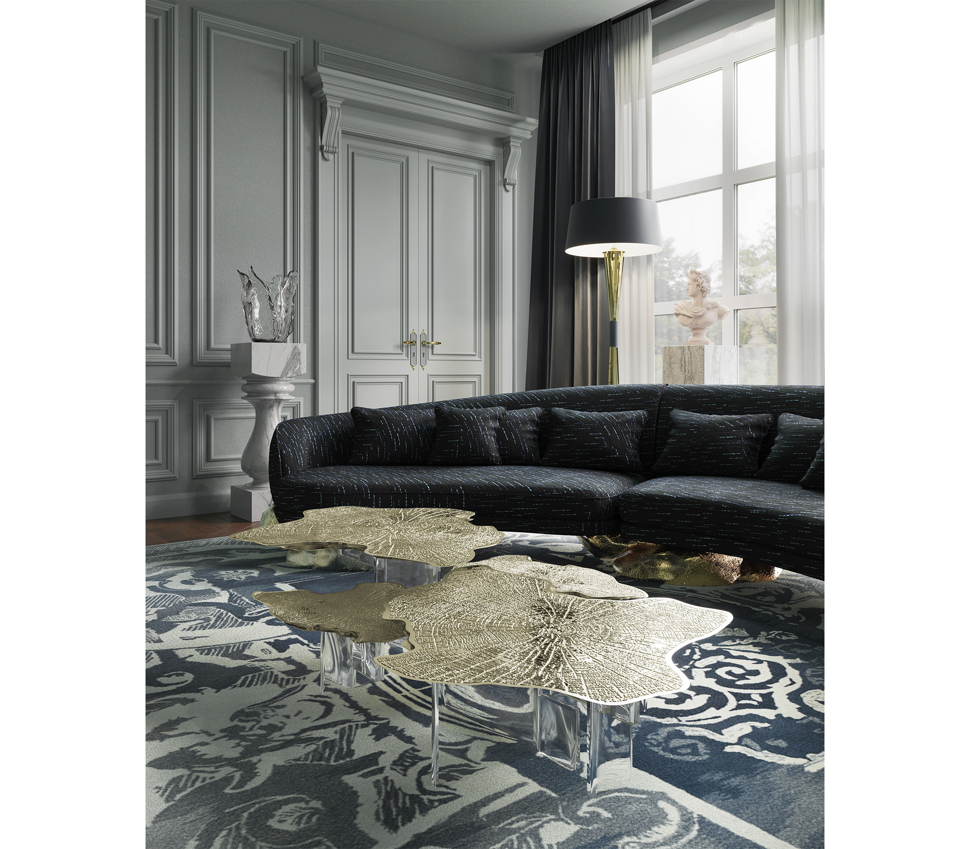 Luxury Sculptural Curved Sofa with Polished Hammered Brass Base & Organic Design