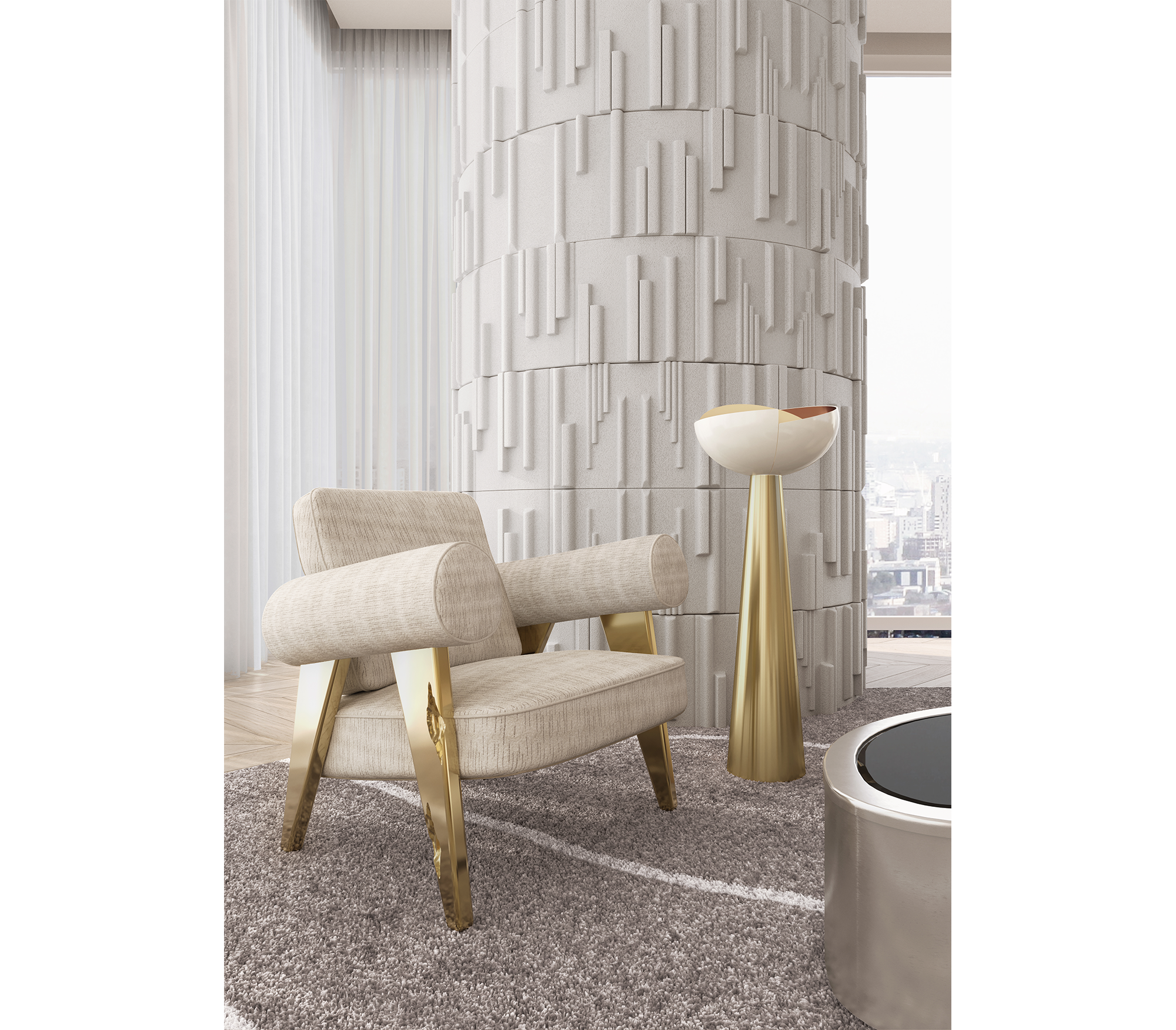 Luxury Sculptural Armchair with Polished Hammered Brass Legs & Curved Upholstery Design