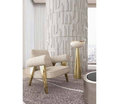 Luxury Sculptural Armchair with Polished Hammered Brass Legs & Curved Upholstery Design