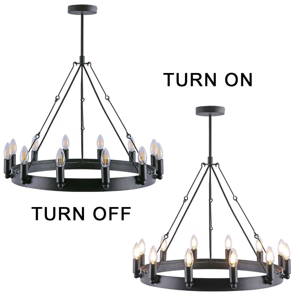 Rustic 25.6×25.6×19.7 inch Eight-Light Black Wrought Iron Chandelier with 39.4 inch Hanging Chain – Vintage Farmhouse Lighting Fixture