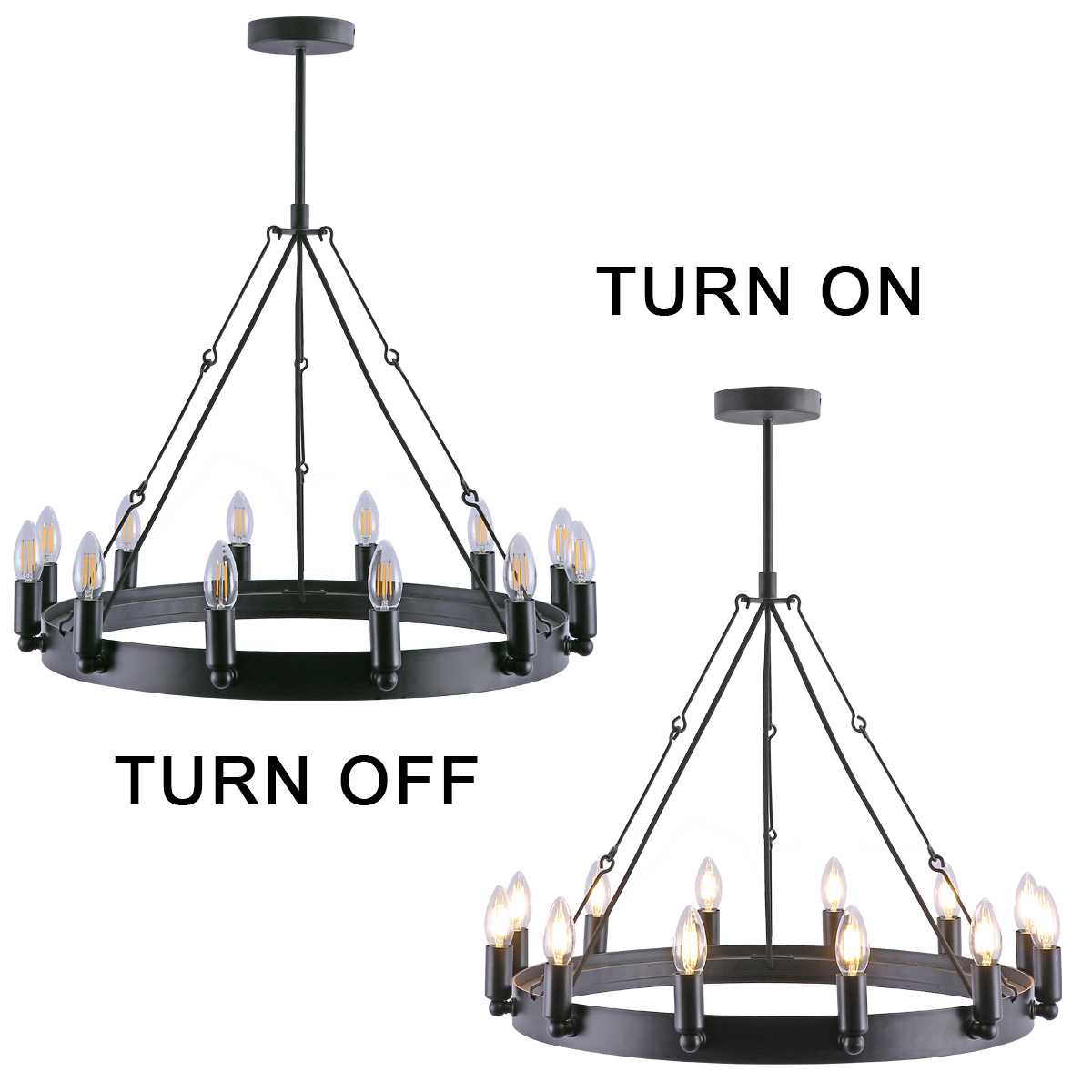 Rustic 25.6×25.6×19.7 inch Eight-Light Black Wrought Iron Chandelier with 39.4 inch Hanging Chain – Vintage Farmhouse Lighting Fixture