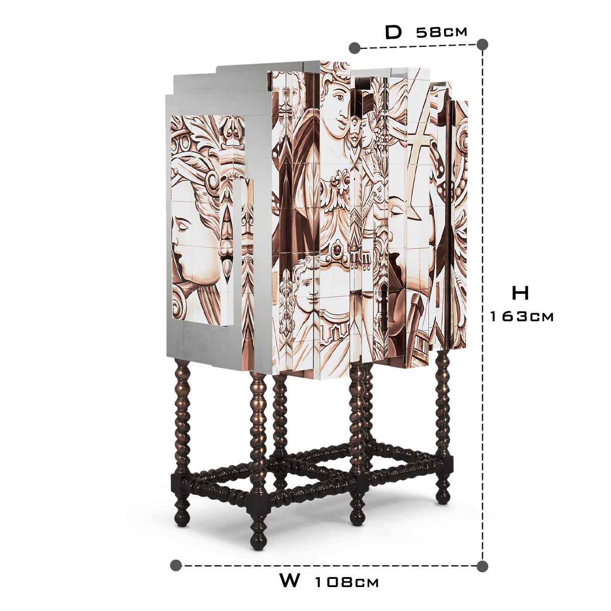 Luxury Hand-Painted Tile Cabinet with Mirrored Details & Collector Storage