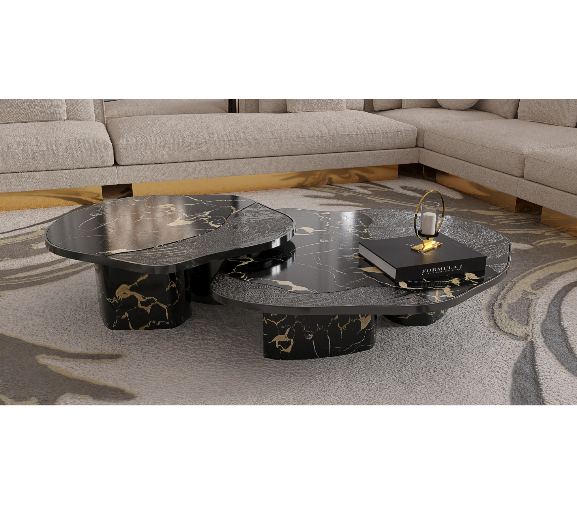 Luxury Calacatta Marble Coffee Table with Black Sculptural Base & Modern Design