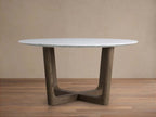 Saint Germain Round Stone Dining Table with Carrara Marble Top Wood Rennes Base