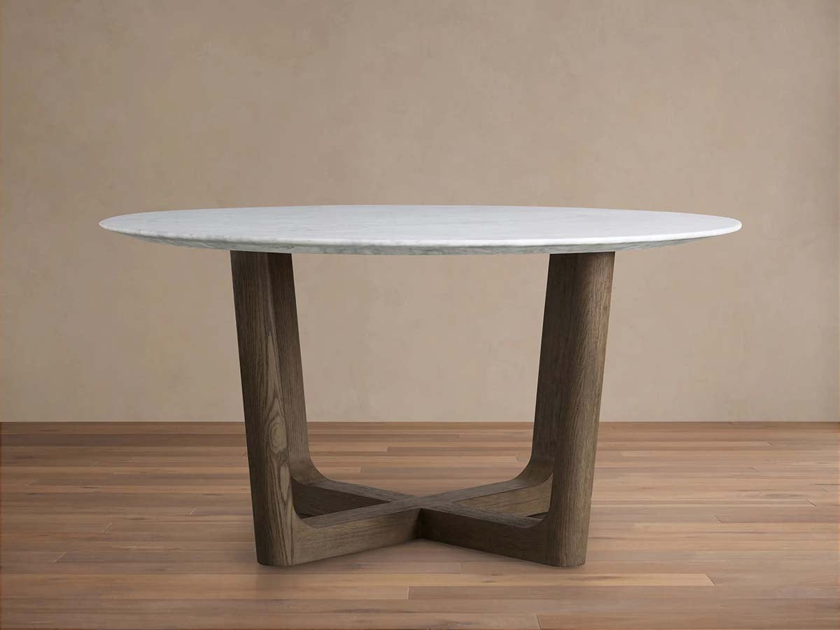 Saint Germain Round Stone Dining Table with Carrara Marble Top Wood Rennes Base