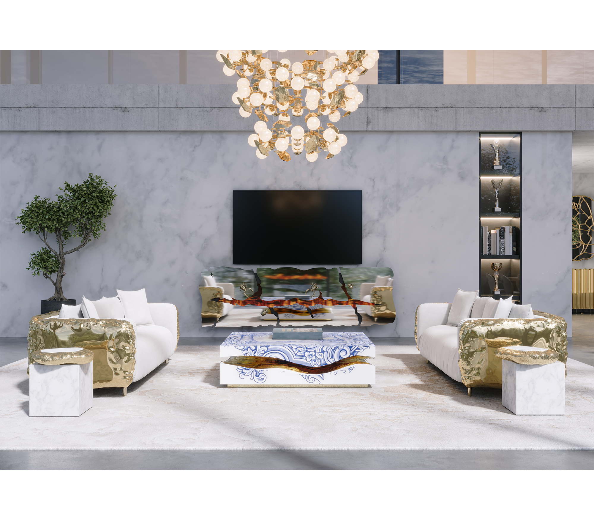Luxury Carrara Marble Coffee Table with Sculptural Brass Frame & Organic Design