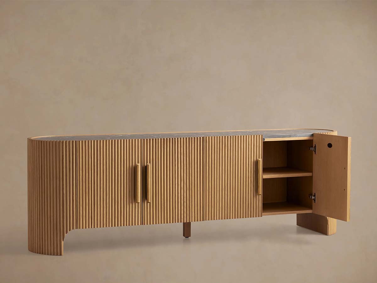 Astor Inset Marble Stone Top Buffet Sideboard Oak Wood TV Stand Unit Entryways Storage Cabinet