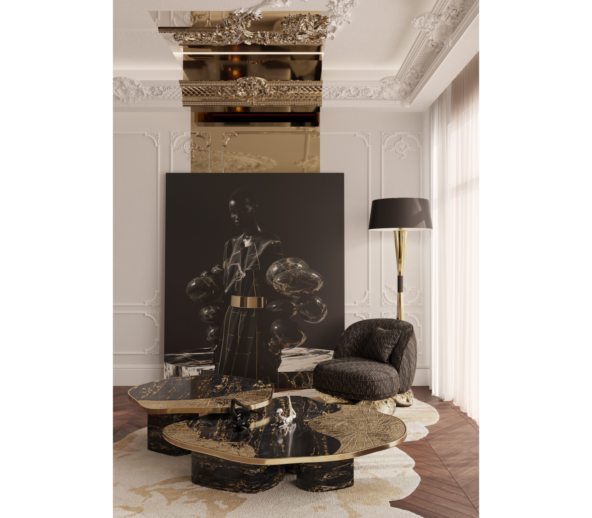 Luxury Calacatta Marble Coffee Table with Black Sculptural Base & Modern Design