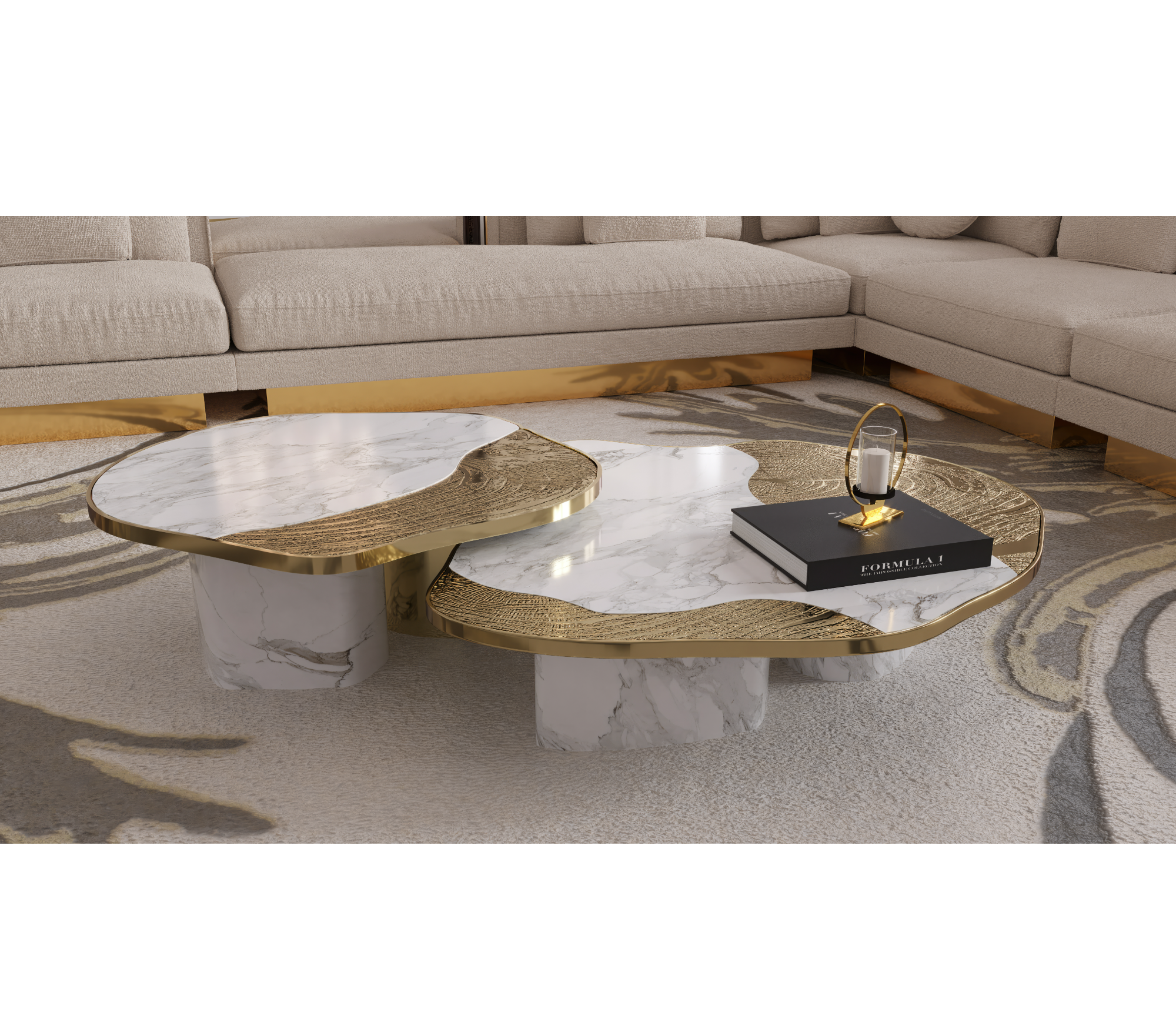 Luxury Calacatta Marble Coffee Table with Black Sculptural Base & Modern Design