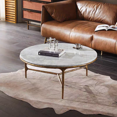 Thaddeus Metal Marble Round Coffee Table 3 Legs Hand-Forged Living Sofa Center Tea Table