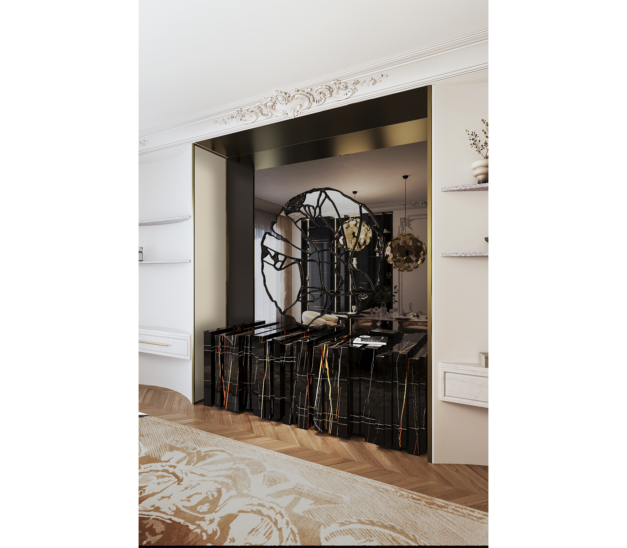 Luxury Sculptural Sideboard Cabinet with Black Gold Finish & Hidden Storage