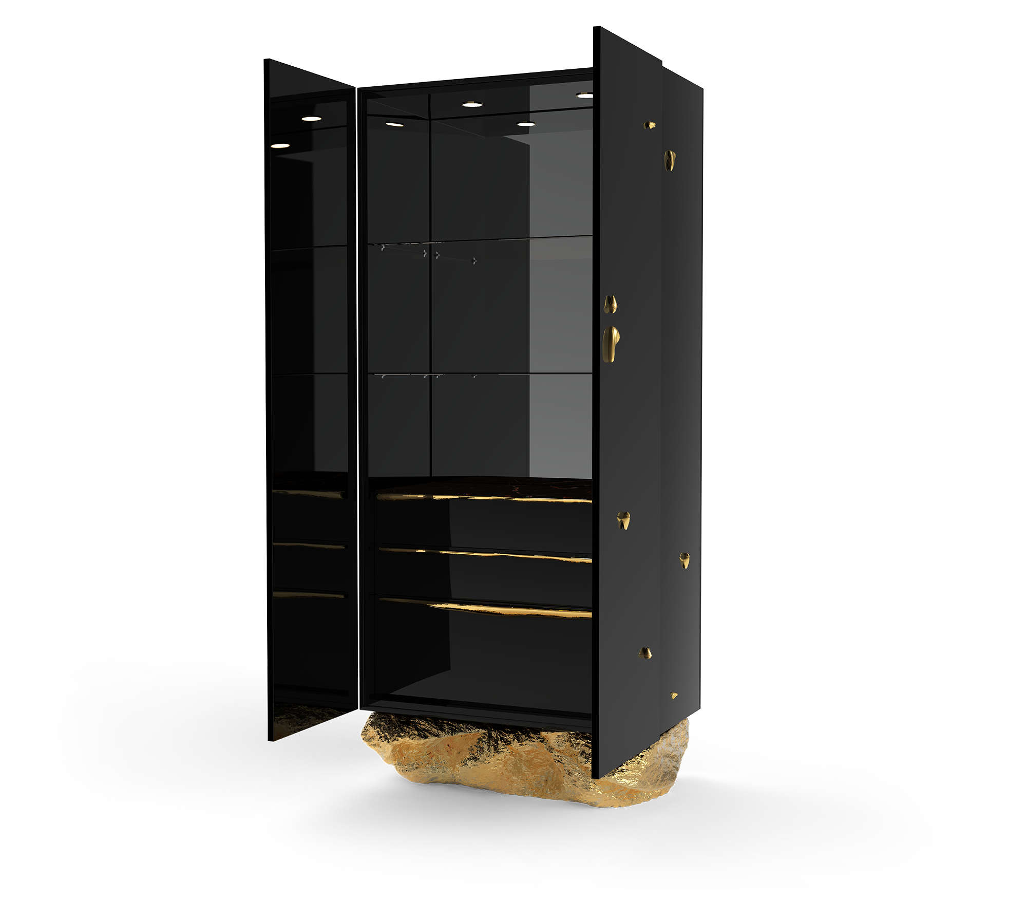 Luxury Marble Curio Cabinet with Brass Base, Glass Display Shelves & Hidden Storage