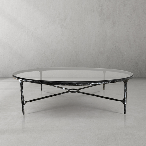 Thaddeus Metal Glass Round Coffee Table Hand-Forged Style O & X Living Sofa Center Tea Table
