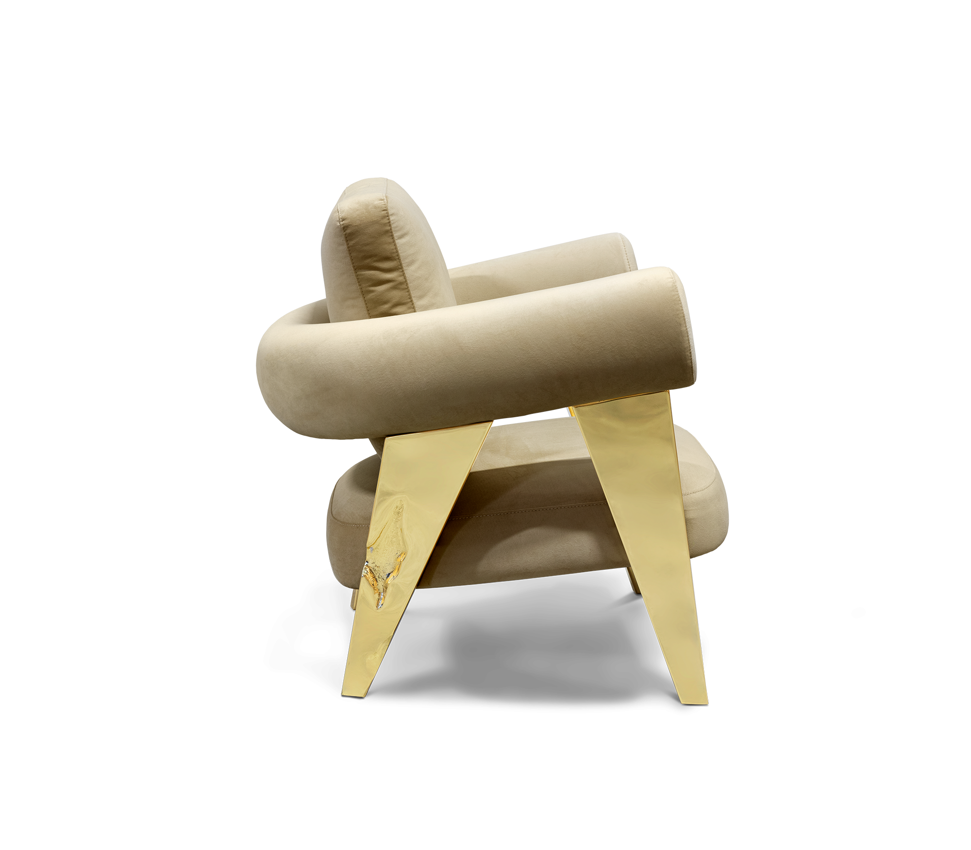 Luxury Sculptural Armchair with Polished Hammered Brass Legs & Curved Upholstery Design