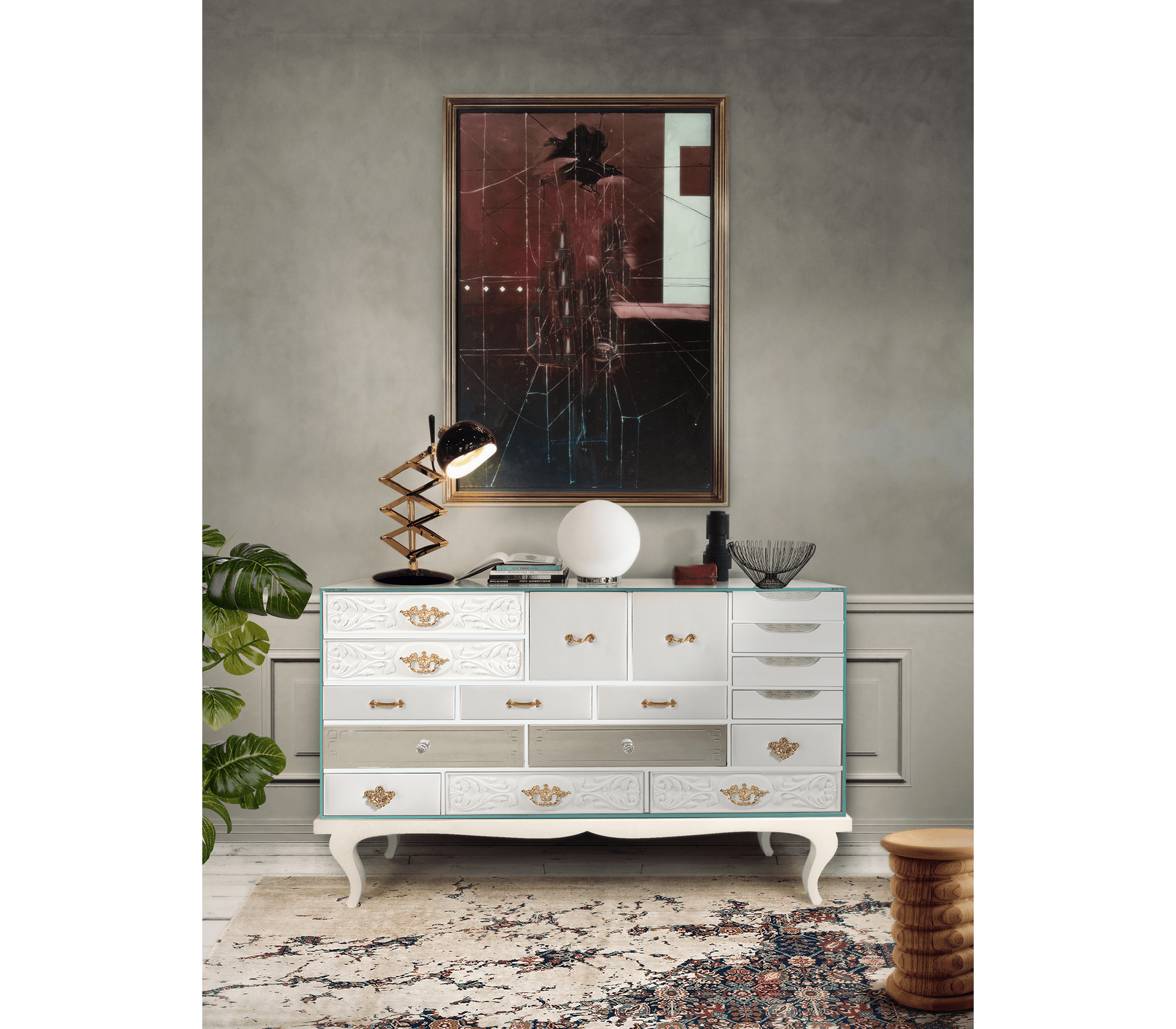Luxury Patchwork Wood Sideboard Buffet Cabinet with Hidden Storage