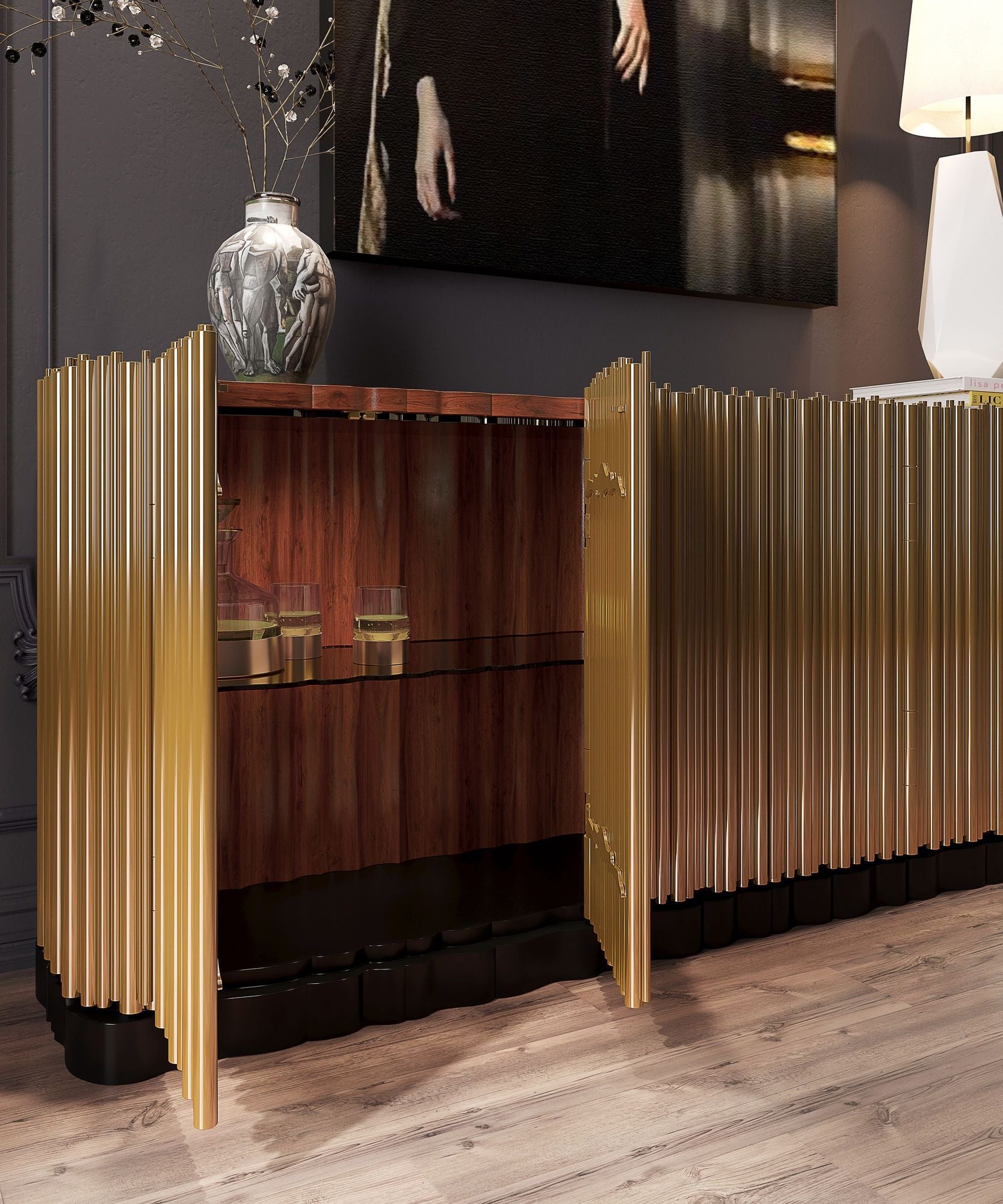 Luxury Brass Sideboard Cabinet with Sculptural Doors & Hidden Storage