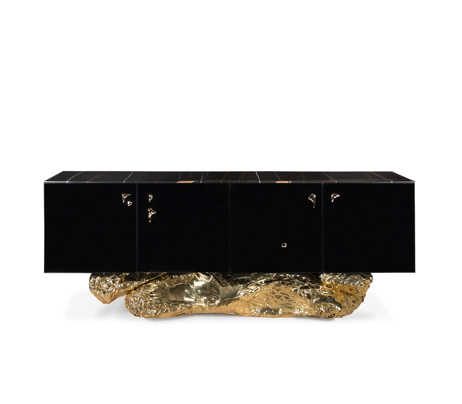 Luxury Gold Buffet Cabinet with Sculptural Metal Base & Hidden Storage
