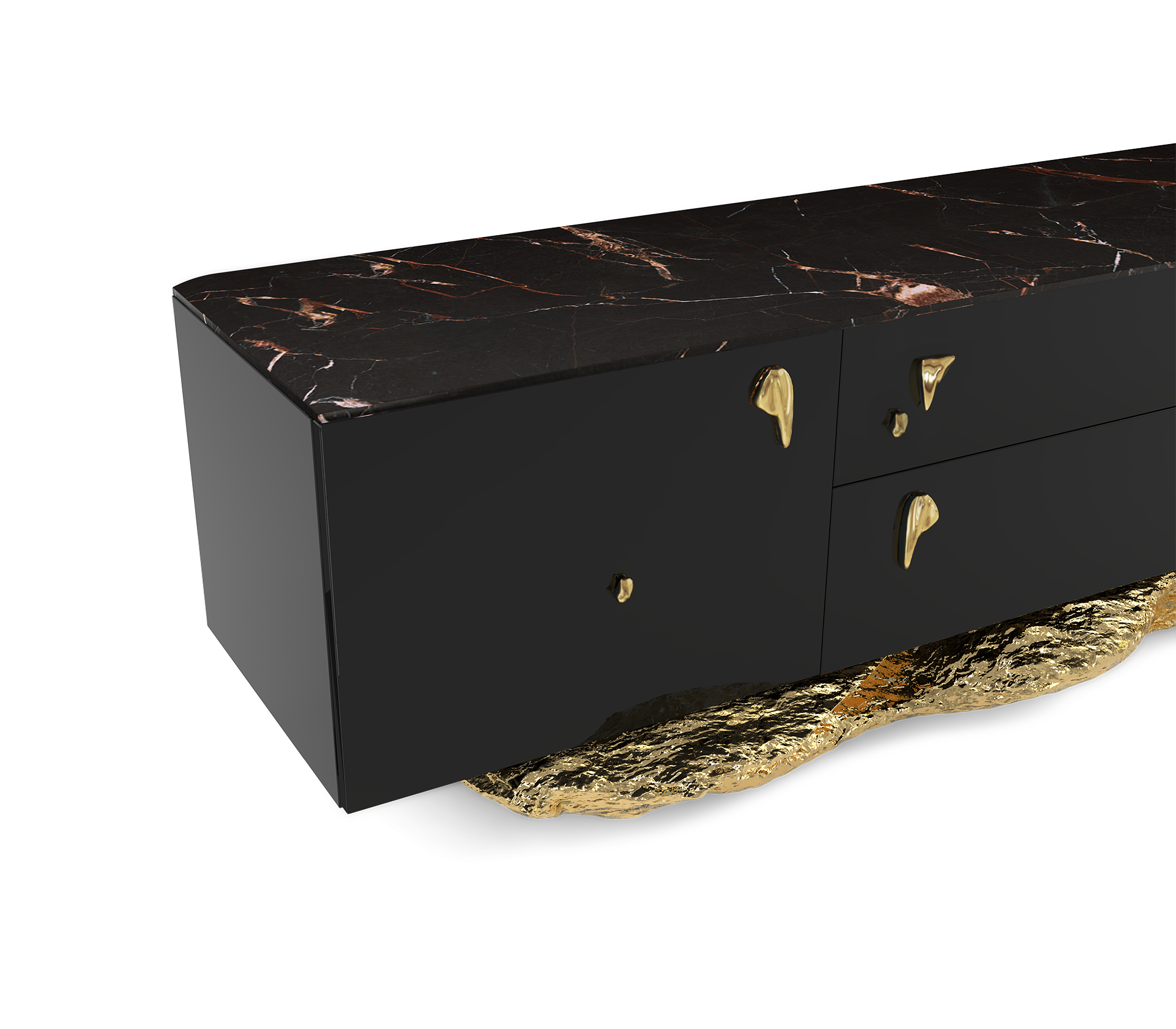 Luxury Black Gold Media Console with Marble Top & Hidden Storage