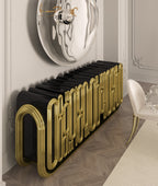 Luxury Gold Sideboard Buffet Cabinet with Sculptural Metal Design & Hidden Storage