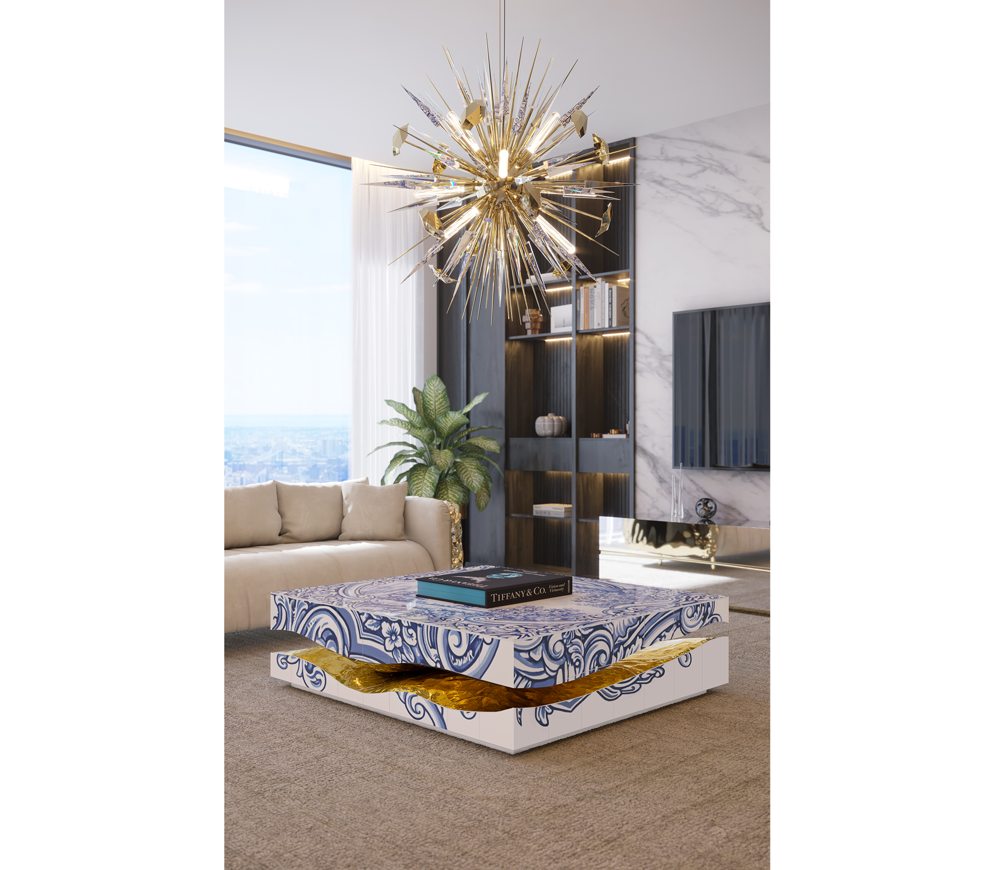 Luxury Carrara Marble Coffee Table with Sculptural Brass Frame & Organic Design