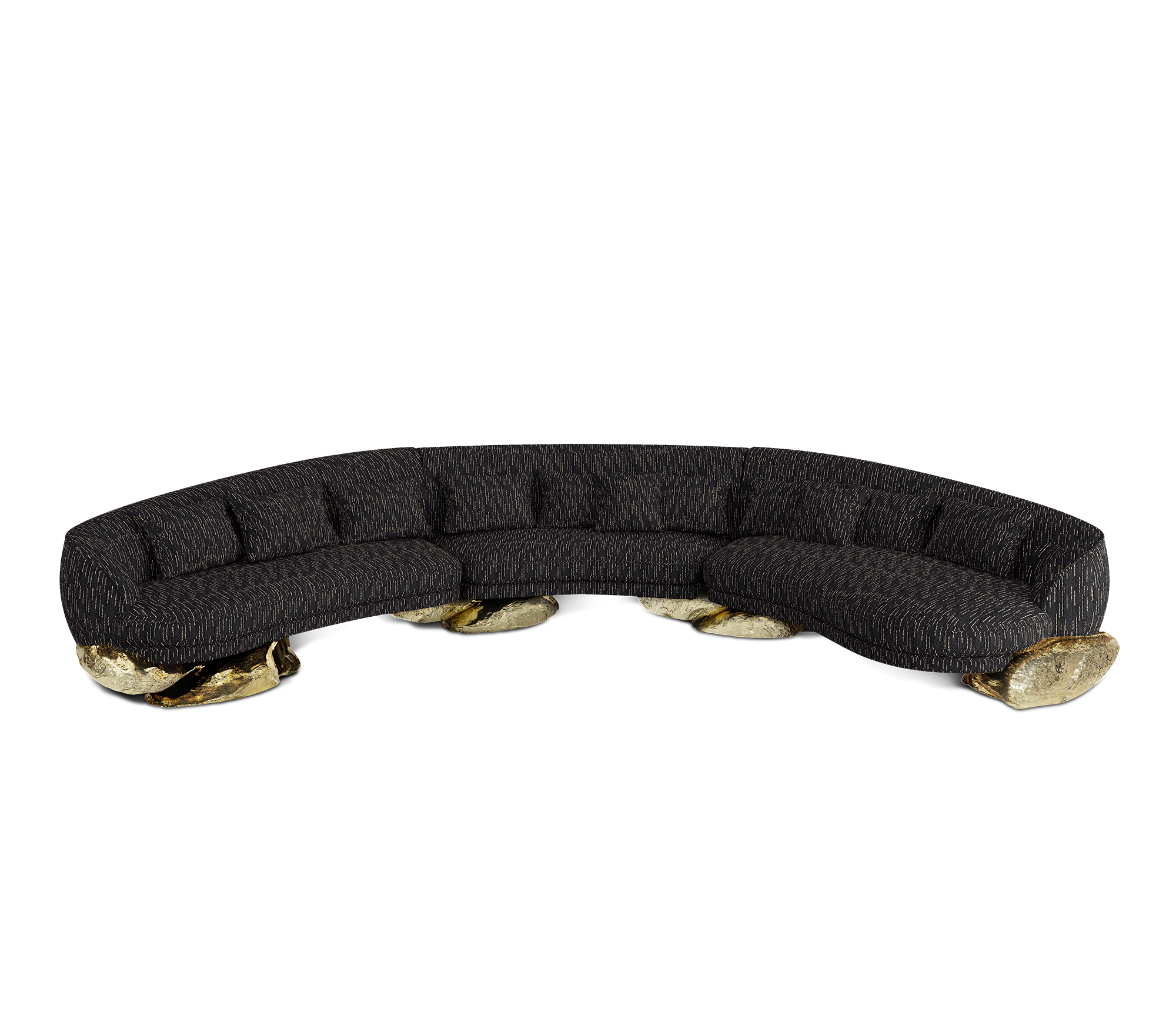 Luxury Sculptural Curved Sofa with Polished Hammered Brass Base & Organic Design