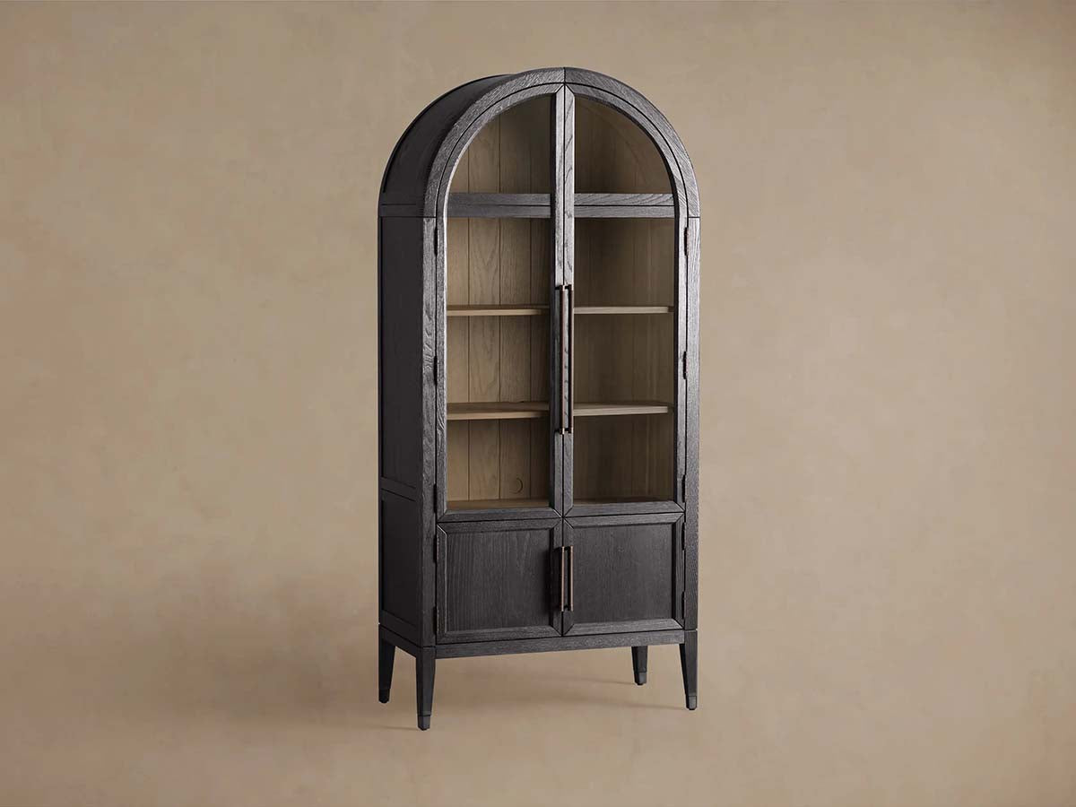 Hattie Glass Tall Display Cabinet Oak Wood Living Room Storage Cabinet Hattie Glass Tall Display Cabinet Arched with Solid Oak Wood Living Room Storage Cabinet