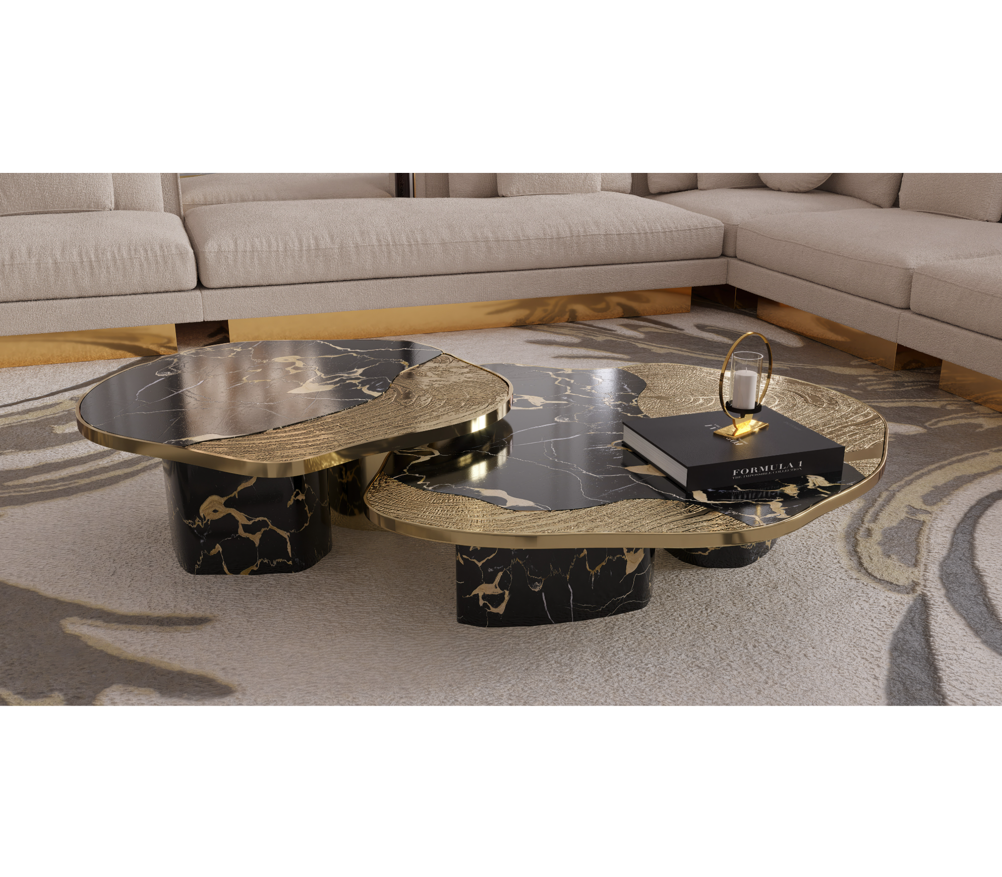 Luxury Calacatta Marble Coffee Table with Black Sculptural Base & Modern Design