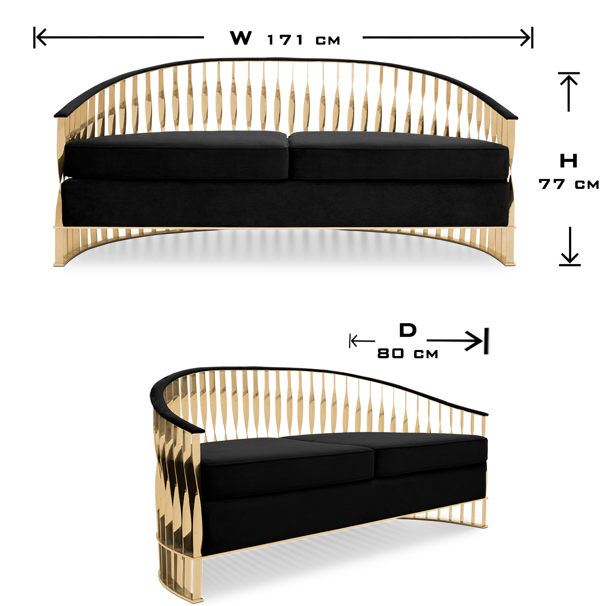 Luxury Curved Velvet Sofa with Gold Accent Base & Sculptural Modern Design