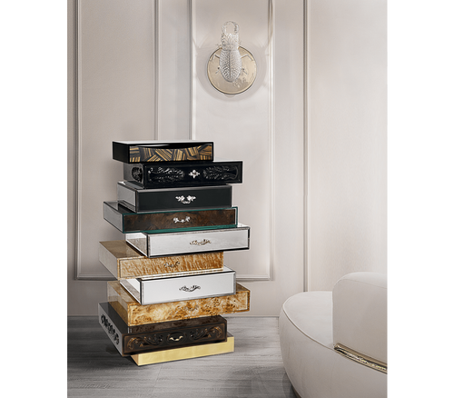 Luxury Chest of Drawers with Mixed Wood Finishes, Brass Details & Designer Storage
