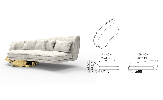 Luxury Sculptural Curved Sofa with Polished Hammered Brass Base & Organic Design