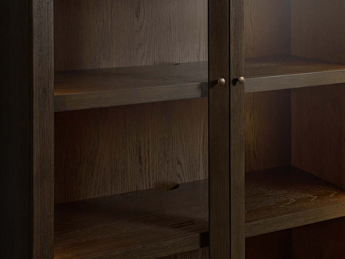 Nason Modulare Glasvitrinen, hohe Schränke aus Eichenholz, großes Bücherregal mit integrierter LED-Beleuchtung