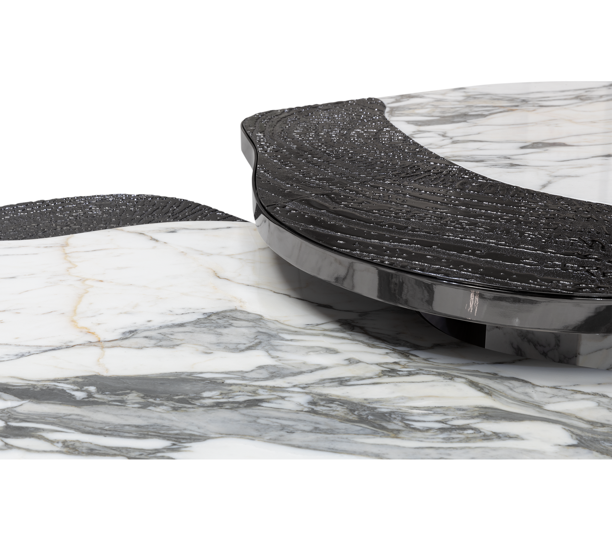 Luxury Calacatta Marble Coffee Table with Black Sculptural Base & Modern Design