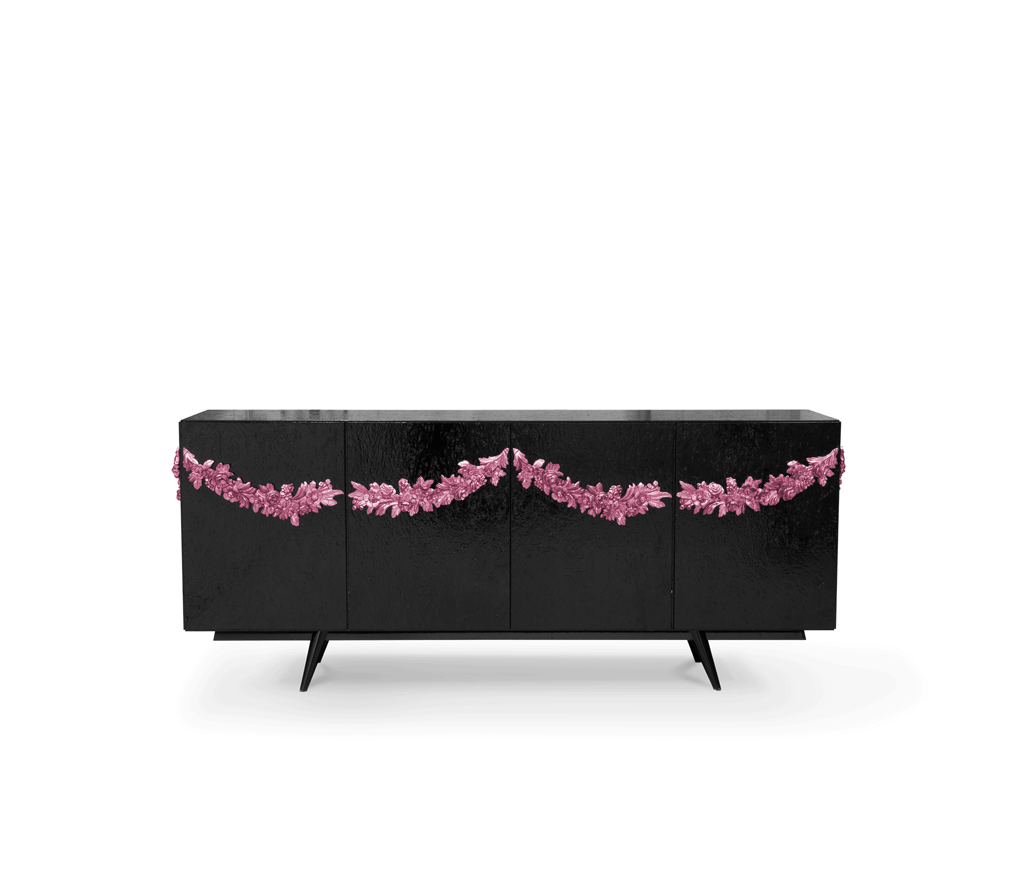 Luxury Black Sideboard Buffet Cabinet with Floral Carved Details & Storage