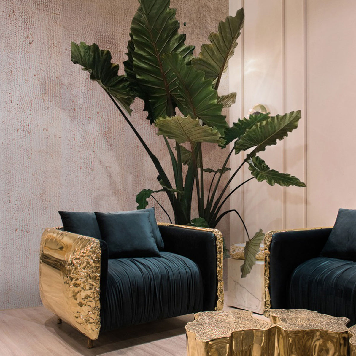Luxury Imperfect Sculptural Armchair with Hammered Brass Frame & Artistic Design