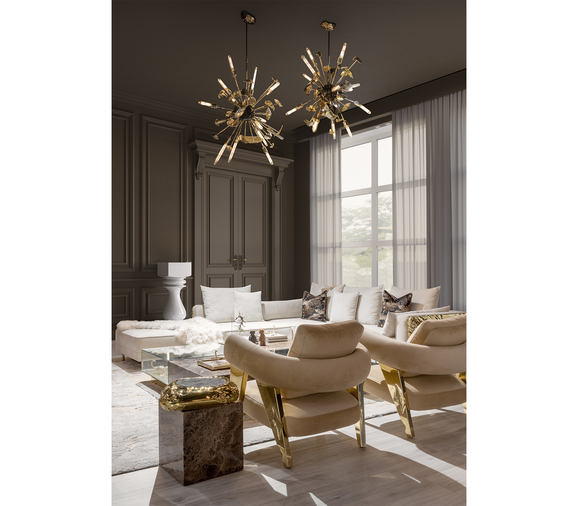 Luxury Sculptural Armchair with Polished Hammered Brass Legs & Curved Upholstery Design