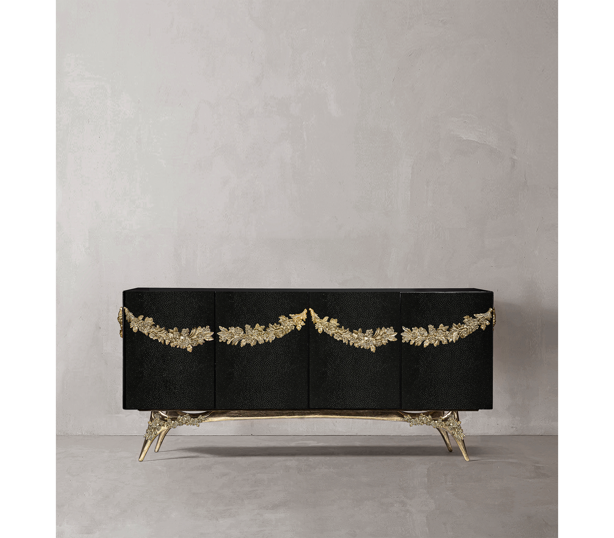 Luxury Walnut Burl Sideboard Buffet Cabinet with Hand-Carved Floral Doors & Storage