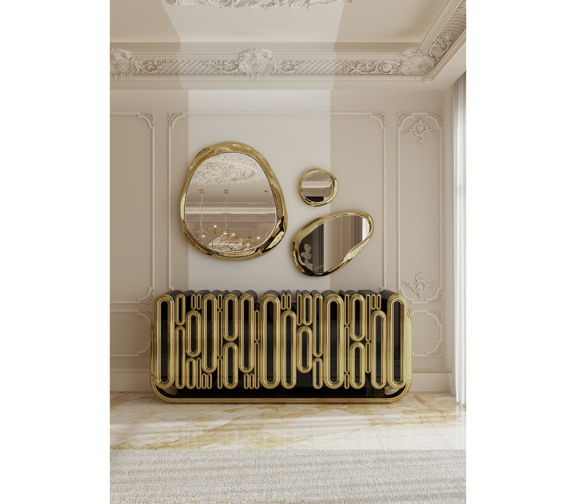 Luxury Gold Sideboard Buffet Cabinet with Sculptural Metal Design & Hidden Storage
