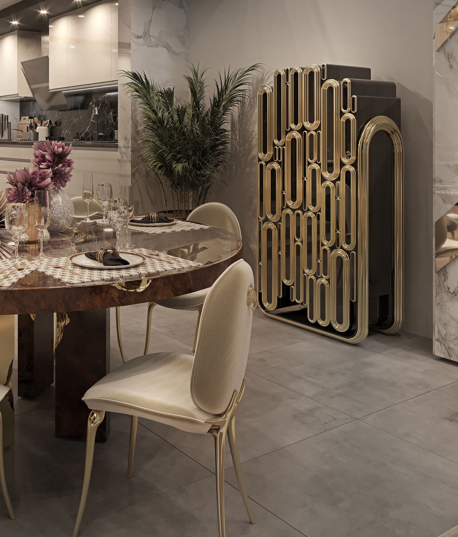 Luxury Bar Cabinet with Brass Tube Design, Glass Shelves & Hidden Storage
