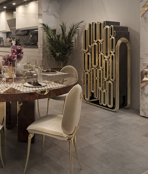 Luxury Bar Cabinet with Brass Tube Design, Glass Shelves & Hidden Storage